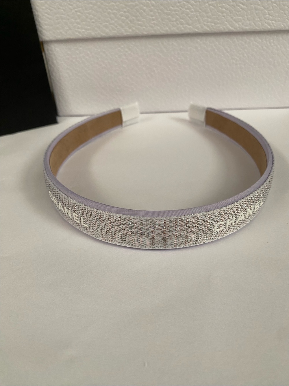 Chanel Ribbon Silver Tweed Metallic Lavender Headband - Picture 4 of 6